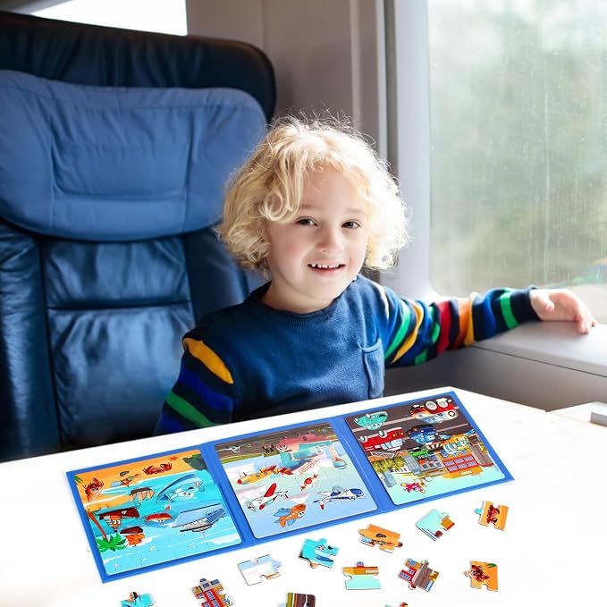 Magnetic Puzzles for Kids Ages 4-6, 20-Piece Preschooler Travel Toys Transportation Puzzles Ages 3-5, Educational Learning Magnets, Ideal Road Trip Activities Toys for 3 4 5 6 Boys and Girls