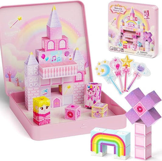 Magnetic Blocks Girls Travel: 355g Unicorn Tin 3 Cones & 4 Wands | 60-Min Princess Role Play for Airplane Activities & Road Trip Essentials Car Games 45s Cleanup Portable Kids Toy for Ages 3-8