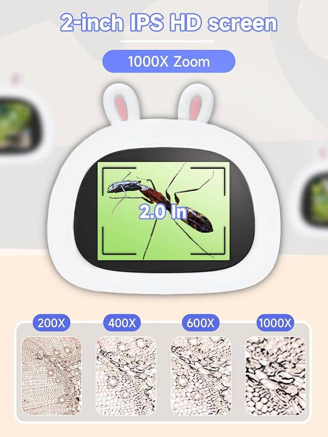 Acoath Microscope for Kids, 1000X Handheld Digital Miniscope with 2.0" Screen, Portable Pocket Microscope Education Toys Birthday Gifts for Age 3 4 5 6 7 8 9 10 Girls Boys