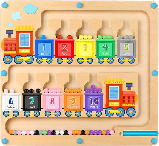 wakeInsa Magnetic Color and Number Maze,Montessori Toys for 2-5 Years Old Boys,Wooden Magnet Balls Puzzles,Toddler Busy Board,Preschool Learning Activities,Christmas & Birthday Gift for Kids