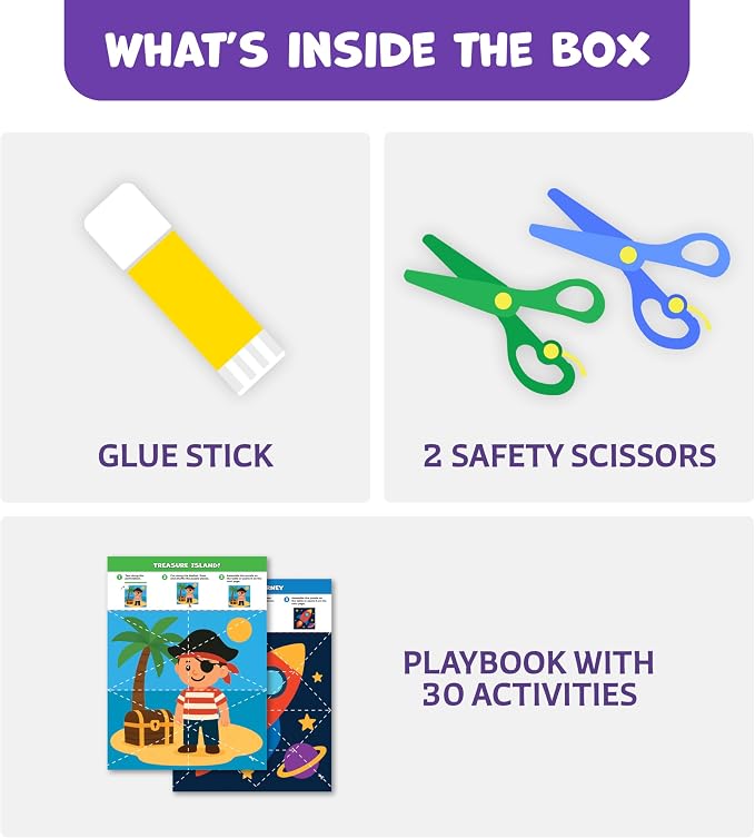 Snip & Shape Scissor Skills Activity Book with Toddler & Kids Scissors 3-5 | 30 cutting crafts for fine motor skills, 2x childrens safety scissors, kindergarten & preschool learning activity workbook