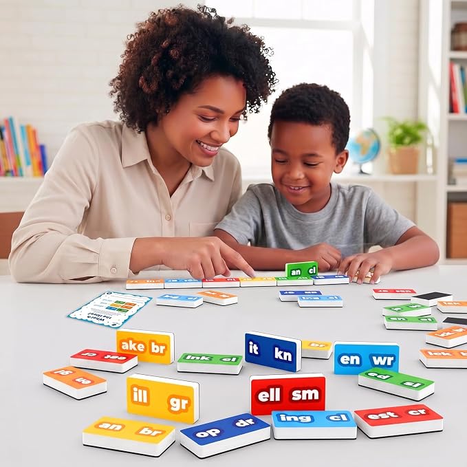 112 PCS Magnetic Phonics Dominoes, Magnetic Phonics Tiles — Simply Magic | Blend and Digraph Games for Classroom & Homeschool, Reading Manipulatives for Kids 6-7-8 years, Phonics Games, Word Building