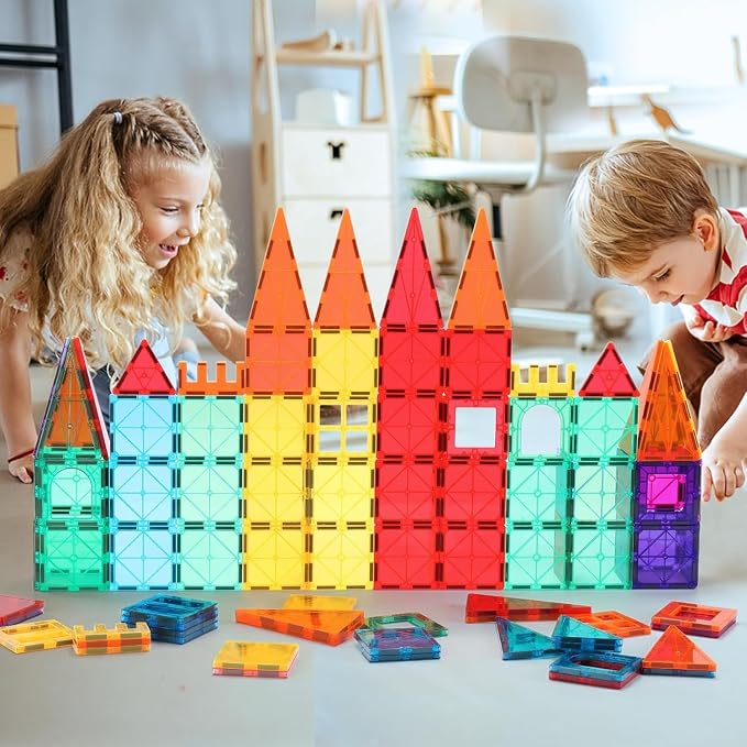 OugerToy 32-Pack Magnetic Tiles–Rainbow Builder Set | 2.95in STEM Construction Kit with Transparent Windows, Expand Creative Play for Kids