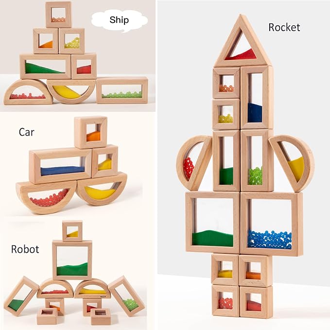 Dinhon 15pcs Baby Building Blocks for 12+ Months - Pine Wood with Sand & Beads, Extra-Large Burr-Free Translucent Rainbow, Toddler Educational Stacking Toys (Multi-Shapes)