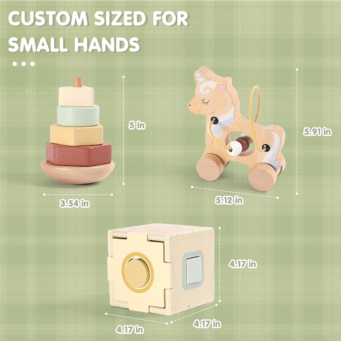 FReniland Montessori Toys for 1 Year Old，3-in-1 Wooden Baby Toys，Wooden Stacking Toy，Toddler Shape Sorting Cube, Unicorn Ring Toy