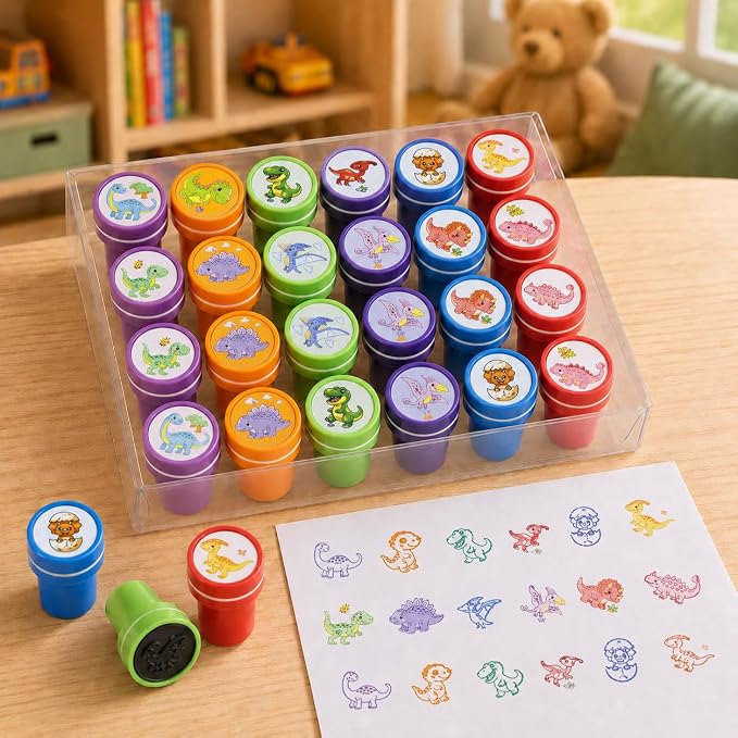 Cinrobiye 24 Pcs Dinosaur Stampers Party Favor Set, Cute Dino Stamps for Kids Birthday Party, Classroom Rewards, Carnival Prizes, Goody Bag Fillers, Dinosaur Themed Party Supplies