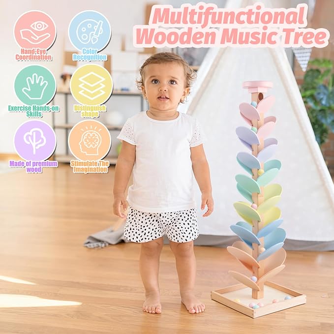 Wooden Marble Run Ball Drop Montessori Toy for 4-8 Boys Girls (Height: 28") | Kids Wood Music Tree Marble Ball Run Game 3-5 8-12 Years Old Learning Color Sorting Sensory Toys Birthday Gift
