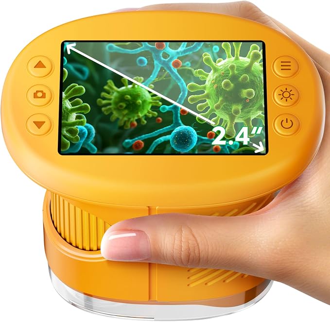 Odatay 4K 1000X Digital Microscope for Kids with 32G Card, Long Distance Viewing & 2.4" Screen Portable Handheld Edu Toys for Age 3-12 Exploring Bugs Plants at Home Classroom & Outdoor Travel, Yellow