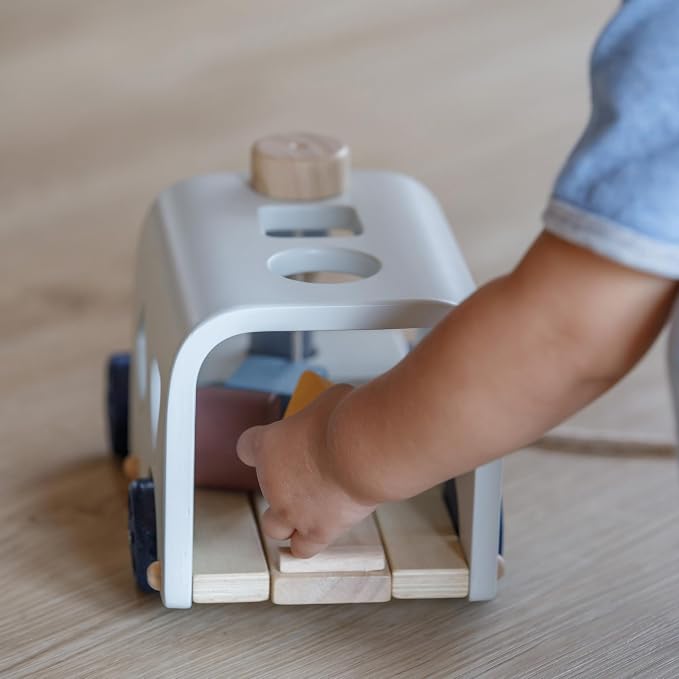 PlanToys® Wooden Shape Sorting Bus Toy for Kids Ages 3+ Montessori Play Set | pull along toy, shape sorter, color learning, girls, boys, fine motor coordination educational gift for toddlers age 3+