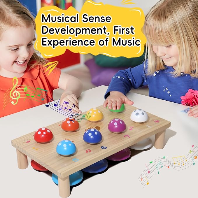 Wooden Mushroom Push Bell Toy, 8 Note Colorful Montessori Musical Toys for Toddlers, Sensory Development Hand Eye Coordination Learning Toy, Baby Musical Instrument Gift for 1 2 3 Year Old Boys Girls