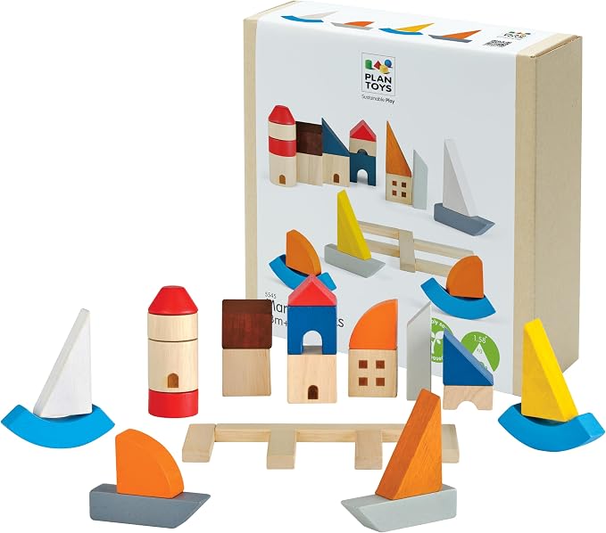 PlanToys® Marina Blocks Wooden Montessori Building & Creative Kids Play Set | shapes, boats, construction toys, sorting & stacking toys, girls, boys, spatial STEM fine motor imaginative gift preschool