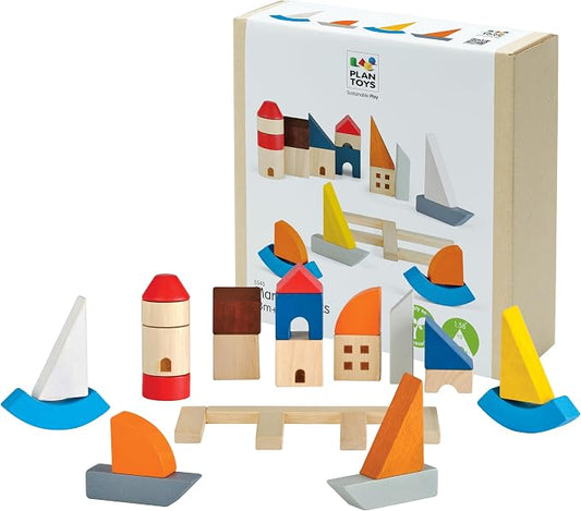PlanToys® Marina Blocks Wooden Montessori Building & Creative Kids Play Set | shapes, boats, construction toys, sorting & stacking toys, girls, boys, spatial STEM fine motor imaginative gift preschool