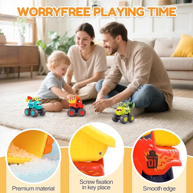 Toy Cars for 1-3 Year Old, 3 PCS Construction Monster Truck, Toddler Toy | Baby Toys 12-18 Months, Kids Toy, Christmas & Birthday Gifts, Pull Back Car with Big Wheel, Crane Truck Dump Excavator