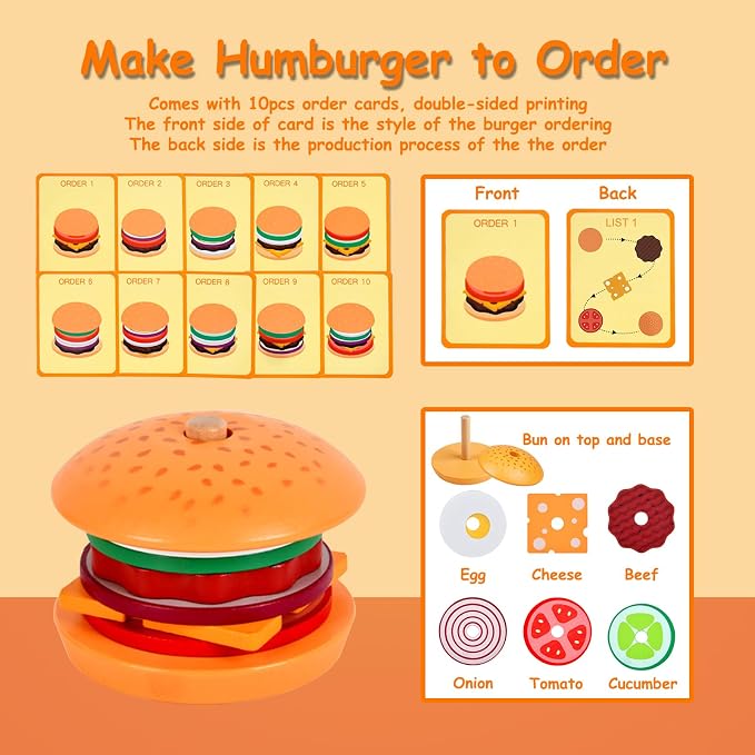 Wooden Burger Stacking Toys Montessori Toys For Toddlers Preschool Education Activity Board Game Early-Education Matching Speed Race Pretend Toy Food Back To School (Burger)