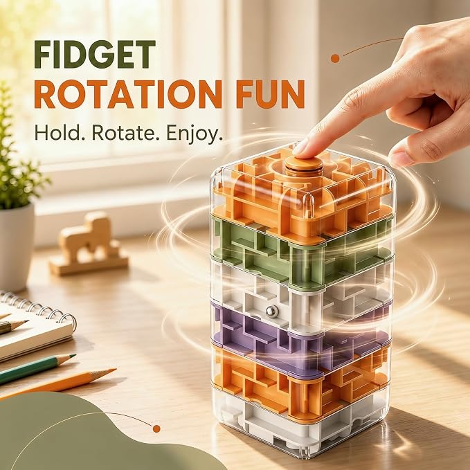 6 Layer 3D Rolling Ball Maze Cube, 2 in 1 Spin Fidget Toy for Kids | Fidget Toy and Stress Toy, 3D Brain Teaser Puzzle Game Portable Activity Toy Birthday Gifts for Kids Ages 3-7+ Boys Girls