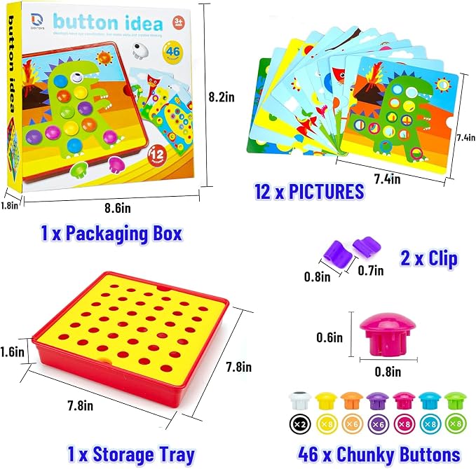 Button Art Pegboard for Toddlers - 12 Pics & 46 Buttons, Gift 3+ | 7.8'' x 7.8'' pegboard with dinosaur theme. Builds fine motor skills, color matching & creativity. Preschool learning gift