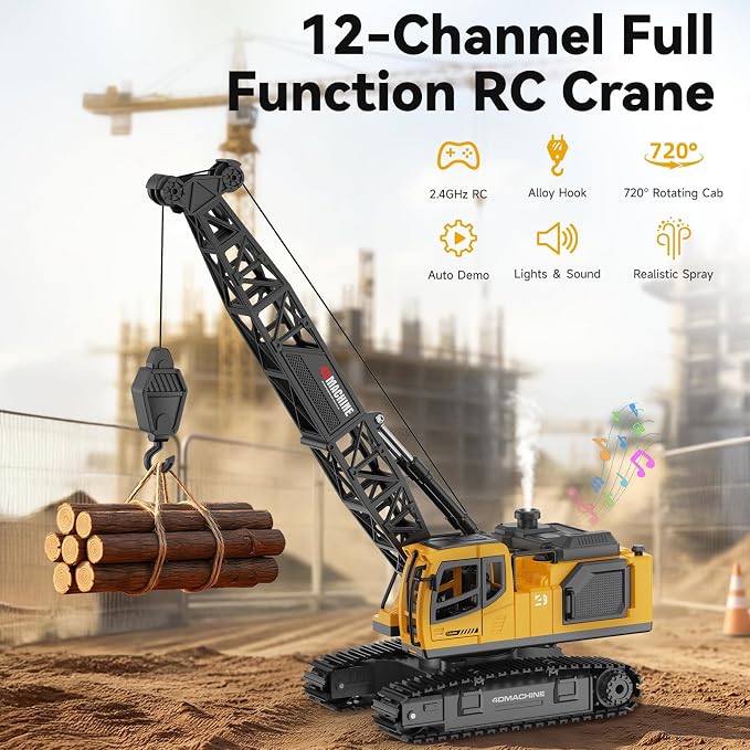 Remote Control Crane Toy for Boys, 2.4GHz RC Crawler Crane with Metal Hook & 2x1200mAh Batteries, 1:18 12-Ch RC Construction Vehicle with Lights, Sound,Spray, Birthday Gift for Kids Ages 3-12