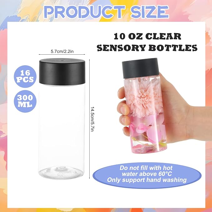 YEXEXINM 16 Pcs Empty Sensory Bottles Kits, 300 ml Leakproof Clear Plastic Sensory Bottles with Lids with Sequins Accessories, Reusable Water Bottles for Sensory Crafts Handmade Party Supply