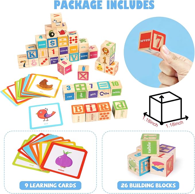 ABC Wooden Building Blocks for Toddlers, Montessori Alphabet & Number Learning Toy for Kid, 36 PCS Preschool Stacking Blocks with Matching Cards for Spelling, Counting, Sorting, Fine Motor Skills