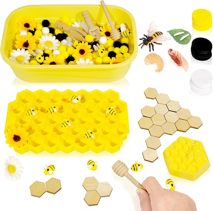 Hiawbon Bee Sensory Bin Fillers Bee Sensory Bin for 3+ Year Old | Bee Hive Montessori Toys for Toddlers, Counting Sorting Toys for Kids Honeycomb Fine Motor Toys for Early Learning