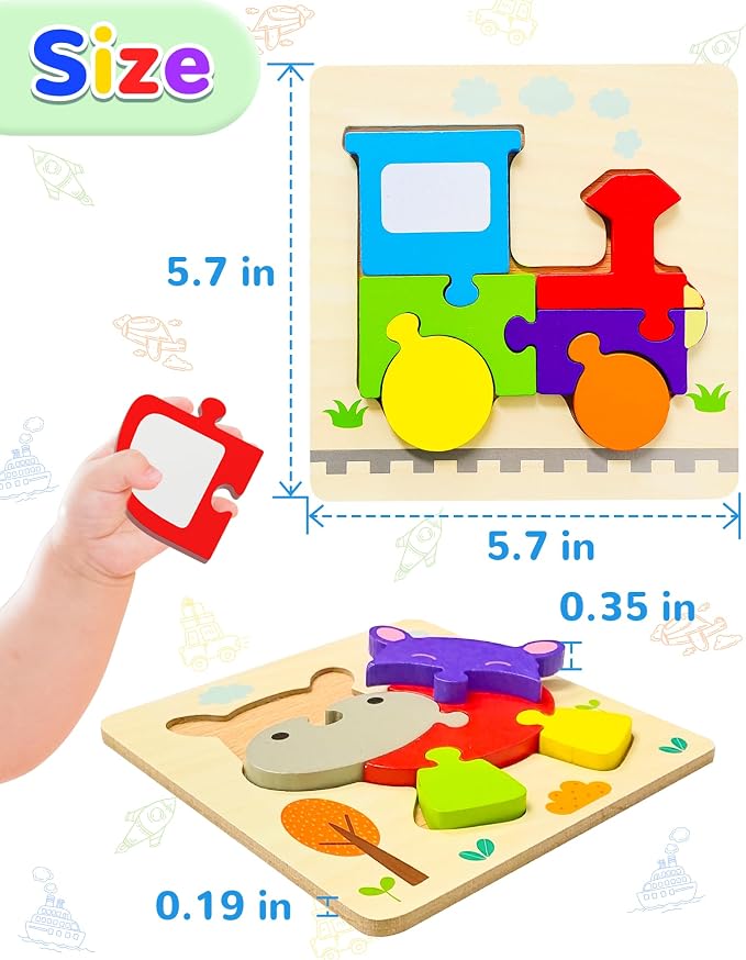 Wooden Toddler Puzzles Gifts Montessori Toys for 1 2 3 Years Old Boys Girls | 12 Vehicle Shape Puzzles, Boy Birthday Gift, Montessori Toys Educational Blocks for Toddlers 1-3, 2-4, Baby Learning Toys