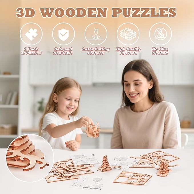 3D Wooden Puzzles for Kids, 8 Pcs Animal Assembly Model Wood Arts and Craft Puzzles Set, No-Glue DIY Delicate Pendant STEM Toys for Boys Girls Ages 6+, Educational Birthday Gift, Party Favors