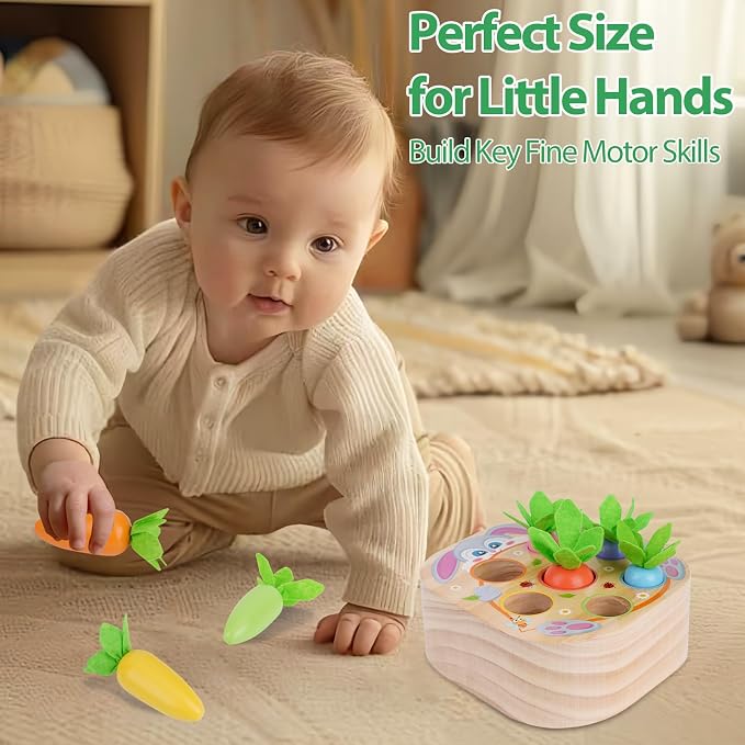 Montessori Toys for 2 3 Year Old Toddlers | Wooden Carrot Harvest Game | Shape Sorting Matching Toys for 18+ Months Baby Boys and Girls, 2st Birthday Easter Gifts for Babies 2 3 (Macron)