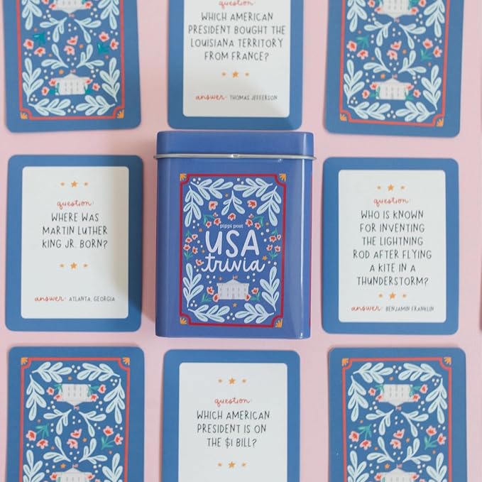 Pippi Post USA Trivia Card Game with Storage Tin, 50 History Quiz Cards | American History, Culture & Landmark Quiz Card Deck, Travel-Friendly Trivia Deck for Road Trips, Game Nights & Learning Fun