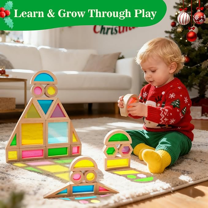 Wooden Montessori Building Blocks w/Acrylic Windows, 32pc, 18M+ | Color-mixing light play; 9 shapes, 7 colors; smooth beechwood frames; screen-free STEM learning