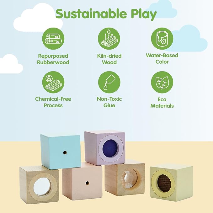 PlanToys® Sensory Blocks Wooden Learning Toy Montessori Kids Educational | tactile shapes, audio pieces, sensory blocks for toddlers 1-3, girls, boys, visual fine motor cognitive gift preschool set