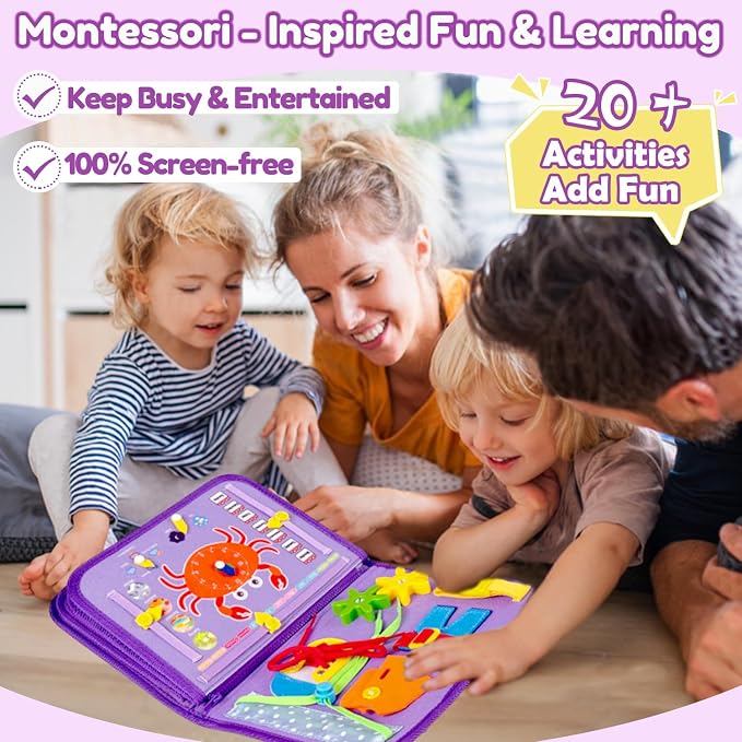 Montessori Busy Board Book for Toddlers, Mermaid Sensory Learning Toy for Girls, Educational Fine Motor Skills Toy, Travel Busy Board for Car & Airplane