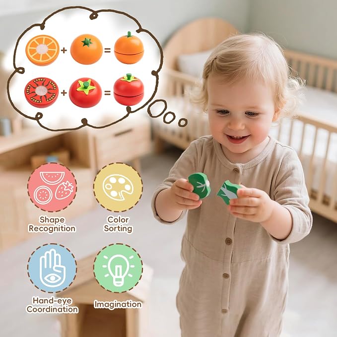 34Pcs Wooden Play Food for Toddlers - Toy Food with Velcro Fruit & Veggies | Play Food Sets for Kids Kitchen Accessories with Basket Chopping Board, Cutting Fruit Set for Ages 3+