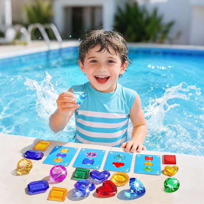 Diving Toys for Kids, Seek Treasure Underwater Pool Gem Hunt Pool Game | with 60PCS Sinking Gems, Pirate Treasure Chest, 35PCS Game Cards, Summer Swimming Pool Toys for Toddlers Kids Age 3-10