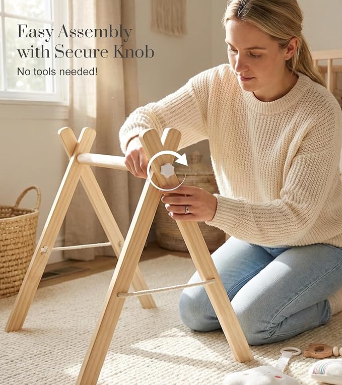 Mallify Wooden Baby Gym with 6 Gym Toys, Foldable Baby Play Gym, Natural Pine Wood Play Gym, Frame Activity Center Hanging Bar, Wooden Play Gym