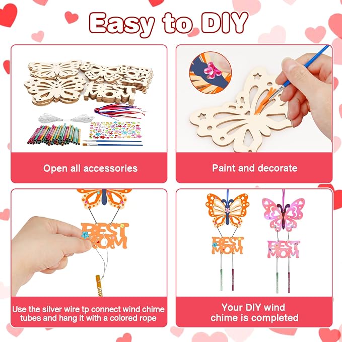 Fennoral 12 Pack Butterfly MOM Wind Chime Kit for Kids Make You Own Mother's Day Craft Kit DIY Coloring Wooden Art and Craft for Mom's Birthday Decoration from Son Daughter