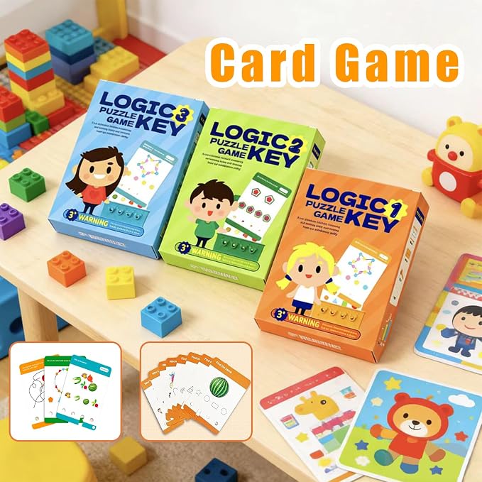 3 Levels Difficulty Toddler Preschool Educational Logic Key Toys, 64 Active Logic Flashcard Puzzles, for Kids with Card Base & Key,Logic Puzzle for Kids (3)