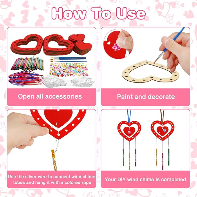 Fennoral 27 Pack Heart Wind Chime Kit for Kids Make You Own Red Heart Wind Chimes Mother's Day Wooden Ornaments for Kids Art and Craft Mothers Day Gifts Party Decoration