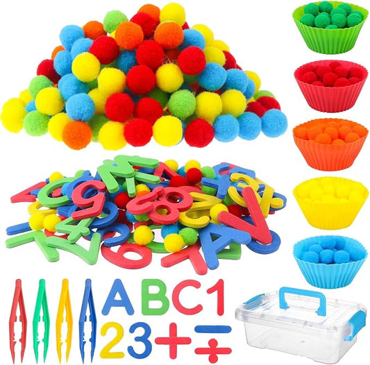286Pcs Letters and Numbers Sensory Bin Filler Fine Motor Toys Counting Sorting 200 Felt Pompoms 76 Magnetic Letters Numbers 4 Tweezers 5 Silicone Plates 1 Storage Box for Counting Sorting DIY Crafts