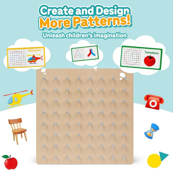 Wooden Geoboard, Montessori STEM Toy with Pattern Cards for Kids Ages 3+ | Pattern Cards & Rubber Bands, Geometric Shape Learning, Classroom STEM Tool, Brain Teaser Gift
