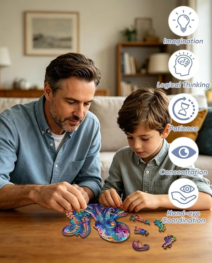 Qiuenisray Wooden Puzzle for Adult, 50 Piece Octopus Puzzle Ages 6-12 | Jigsaw Puzzles for Kid, Beautiful Wood Octopus Puzzle, Gifts for Family Game 6.5x6.5 in Children Gift for Boy Girl Ages 8-12