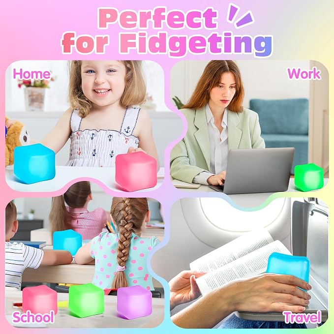 VISCOO 4 Pack Stress Cube,Slow Rising Cube Stress Balls for Adults Kids | Sensory Fidget Toy for Anxiety Relief, Square Shape Cube Squishy for Classroom Prizes, Squishy Balls for Party Favors