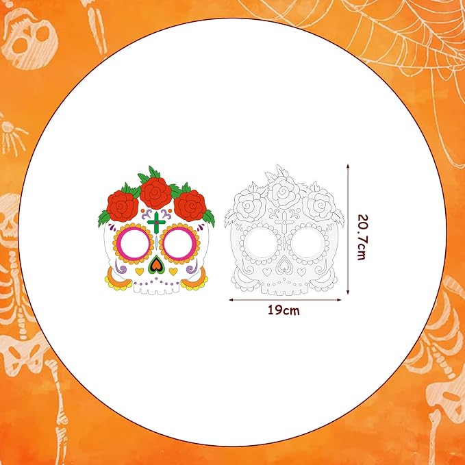 24 Pcs Day of The Dead Crafts for Kids DIY Coloring Halloween Masks | Color Your Own Skull Masks Dia de Los Muertos Party Games for Boys Girls School Classroom Craft Toys Cosplay Dress Up