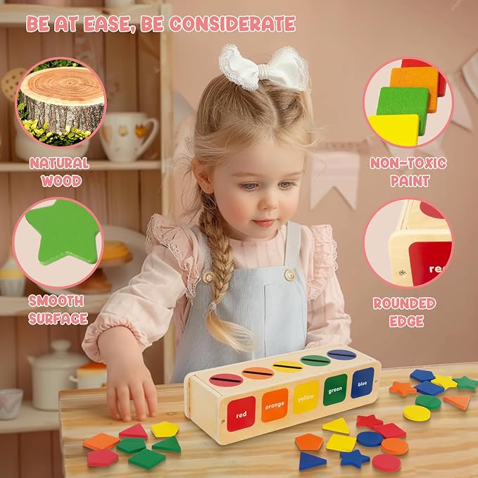 WOODENFUN Wooden Color Shape Sorting Toys Box for Toddlers 1-3 | Montessori Shape Sorter Color Matching Box Game, Learning Sensory Toys Gift for Boy Girl 3 Year Old