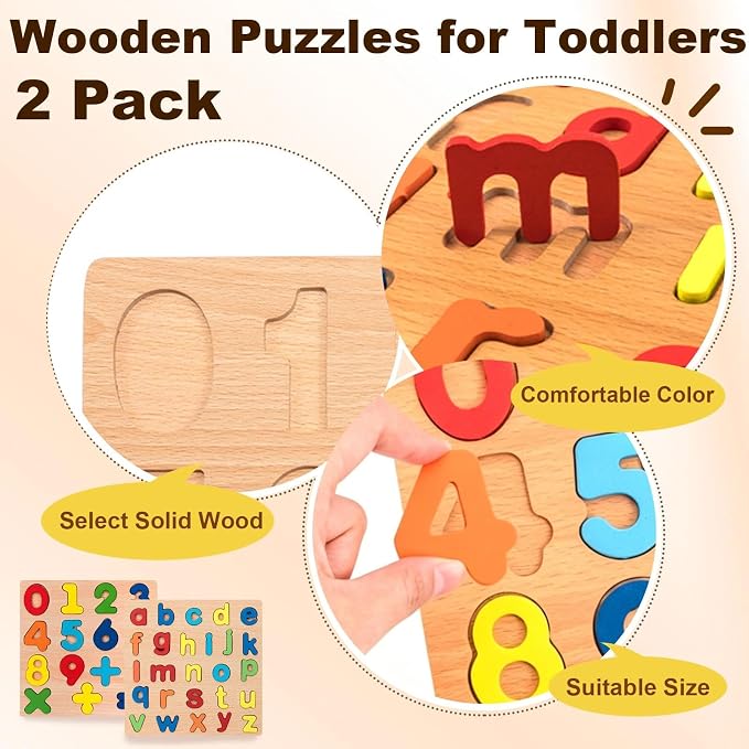 Wooden Puzzles for Toddlers, 2 Pcs Alphabet & Number Shape Wooden Puzzles | Natural Wood Material, Bright Colors, 15 numbers puzzles, 26 English alphabet puzzles, for kids ages 3 4 5