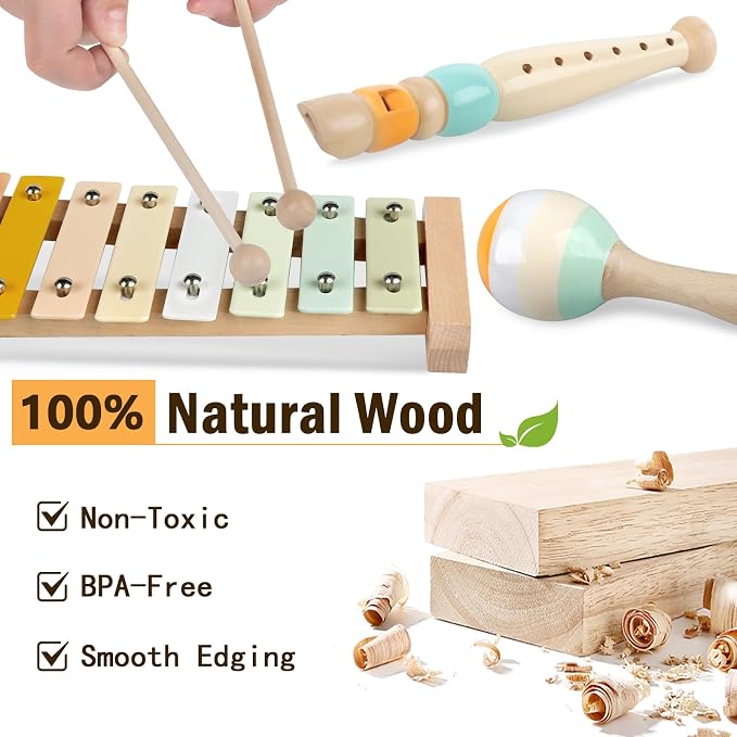 Meytccve Montessori Baby Toys 6 in 1, Wooden Musical Instruments Xylophone | Stacking Building Blocks, Sensory Balls, Infant Teething Toy, Birthday Gift for Toddlers Boys Girls