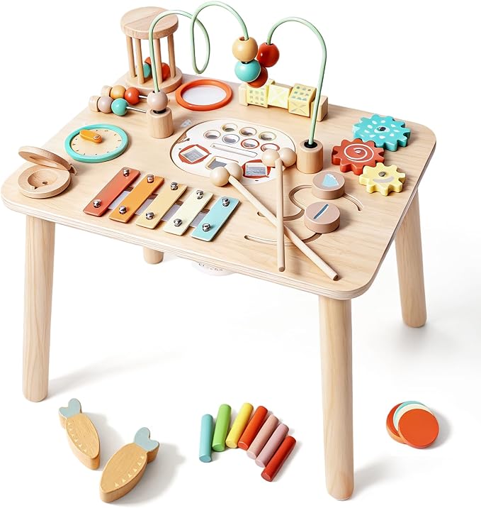 Montessori Toys for 1 Year Old, Wooden Activity Table for Toddlers 1-3, 13-in-1 Sensory Play Table with Bead Maze, Fishing Game, Shape Sorter & Xylophone, Learning Toy, First Birthday Gift