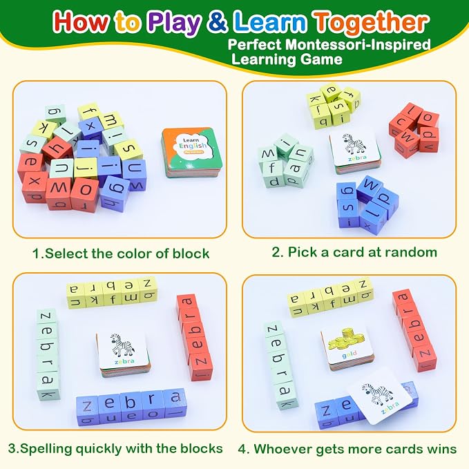 Spelling Games for Kids Ages 3-6, CVC Word Matching Letter Game, Phonics Learning Toy with 54 Flash Cards for Preschool Boys Girls