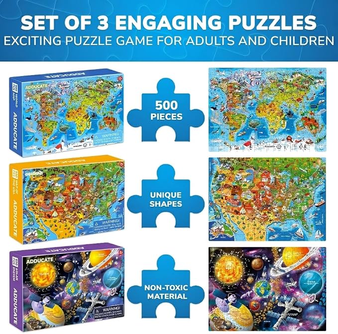 500 Piece Puzzles for Adults - 3 Educational Map Puzzles for Adults | Learning Floor Puzzles of the United States, World and Space - Games and Toys for 15 Year Old