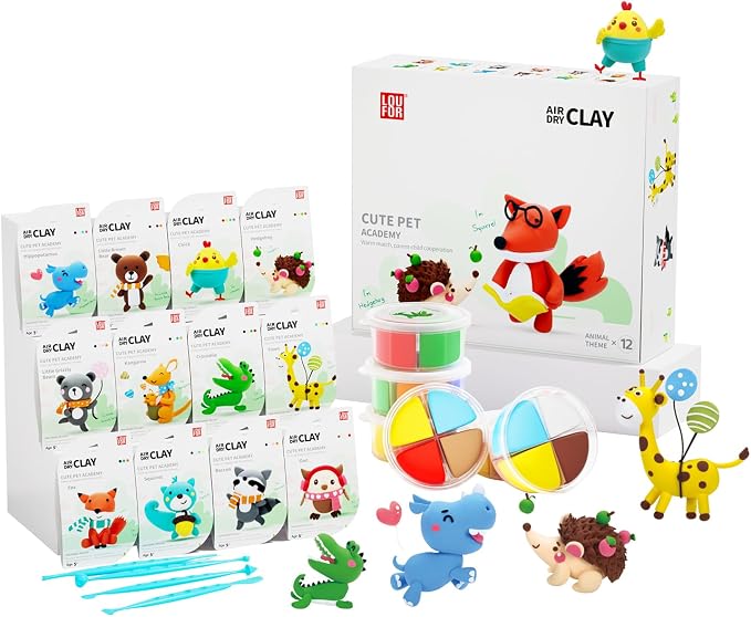 LOUFOR Air Dry Clay Kit -12 Animals Modeling Clay for Kids Arts and Crafts | Ultra Light & Soft,Safe & Non-Toxic,No-Sticky & Crack,DIY Molding Clay with Sculpting Tools,Party Favors Gifts for Girls Boys
