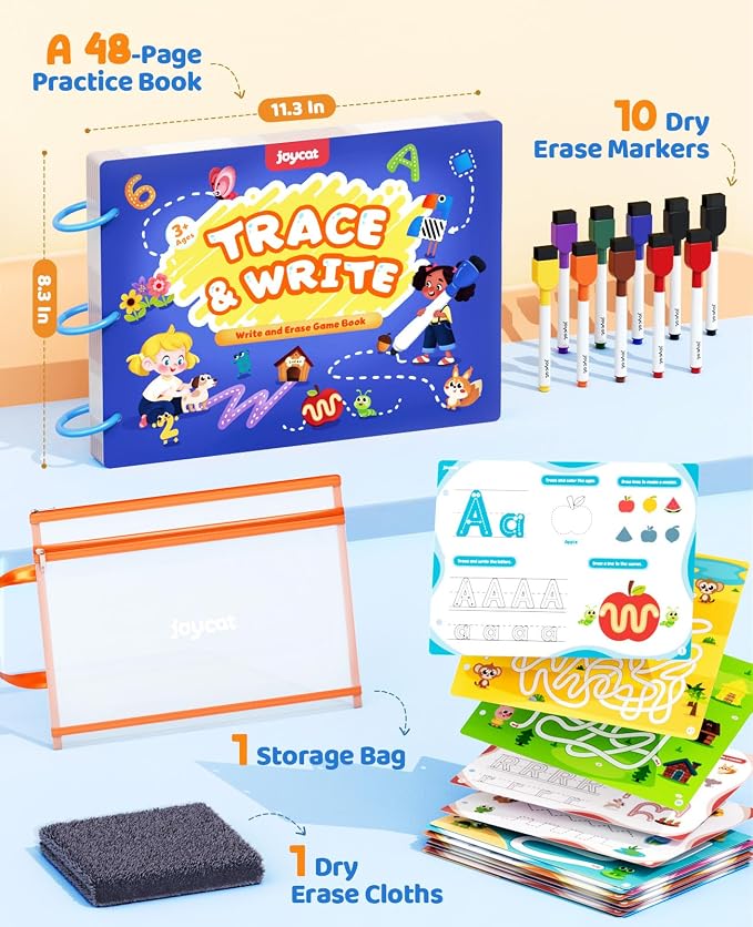 JoyCat Preschool Learning Activities 48 Reusable Pages for 3-8 | Handwriting Practice for Kids Toddlers, Tracing Letter Number Workbooks, Educational Autism Busy Book, Learning Gift Toys